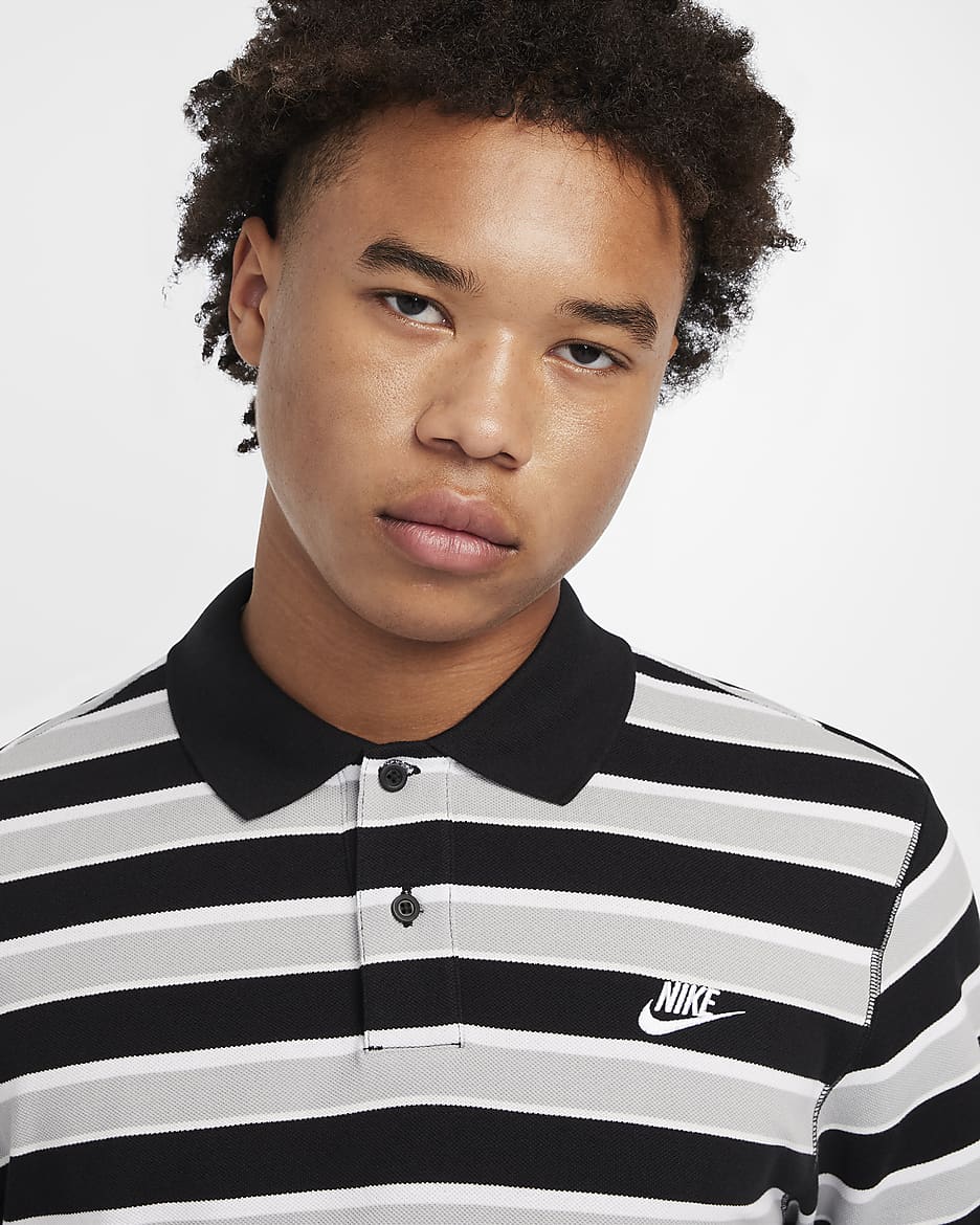 Black and grey striped polo shirt on sale